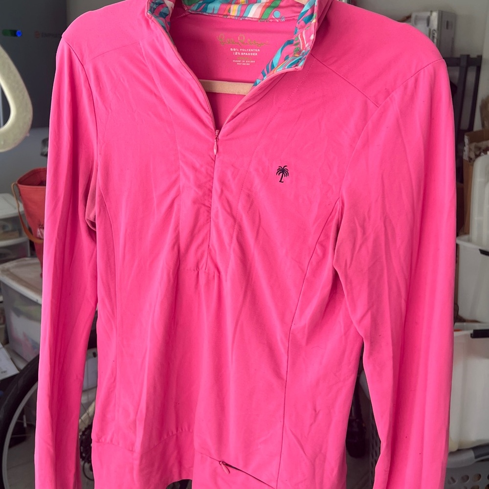 Lilly Pulitzer Pink Long-Sleeve Shirt with Palm Tree Logo and colorful collar